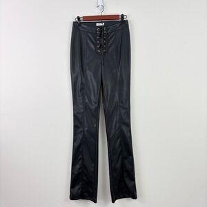Rumored Black Faux Leather Small Lace Up Front High Waisted Straight Leg Pants